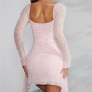 Oh Polly Long Sleeve Embellished Cowl Neck Mini Dress in Blush